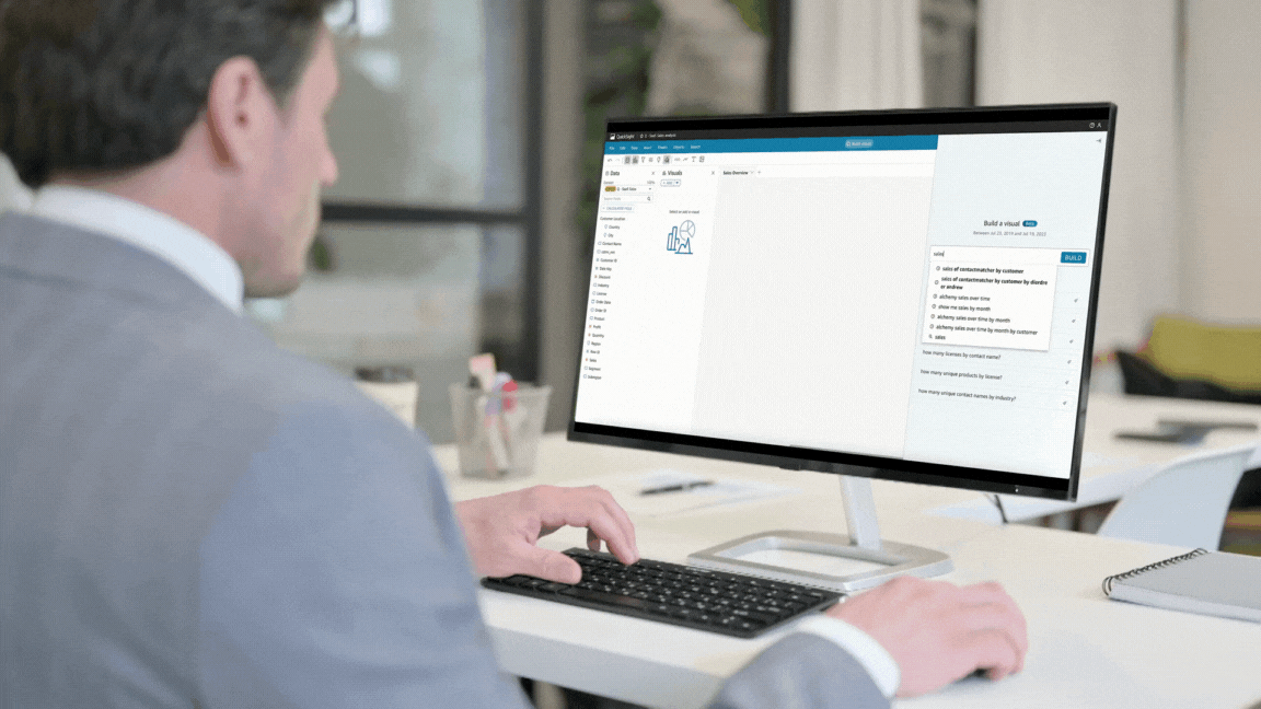 Businessman using Amazon Q on QuickSight to create a visual graph