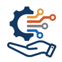 Icon of hand holding gear with lines coming out of it