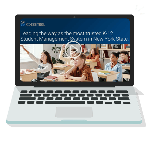 A sleek laptop featuring SchoolTool's 15-minute webinar demo, inviting users to join and explore its features and benefits.
