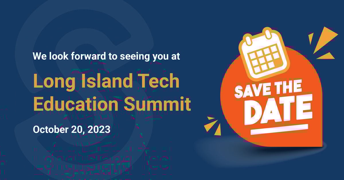 A Long Island Technology and Education Summit banner with bold text, encouraging users to 'Save the Date' for the upcoming event taking place on October 20, 2023.