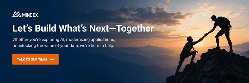 Mindex partnership banner featuring two climbers helping each other reach a mountaintop, representing collaboration, innovation, and building what’s next together.