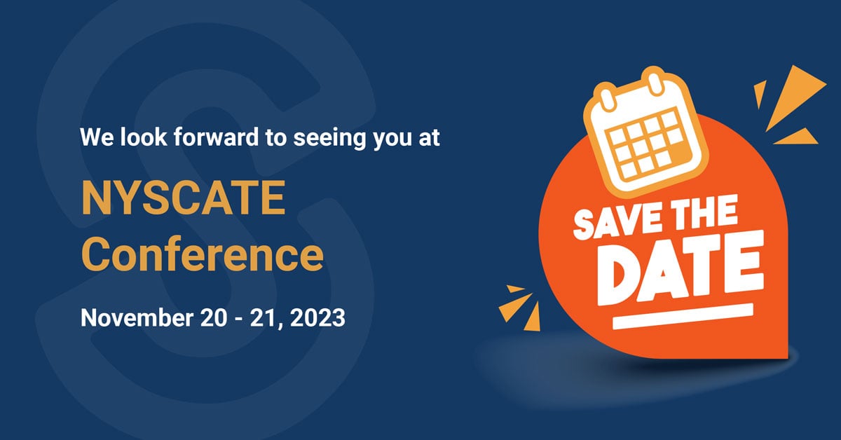 A NYSCATE Conference banner with bold text, encouraging users to 'Save the Date' for the upcoming event taking place from November 20 - 21, 2023.