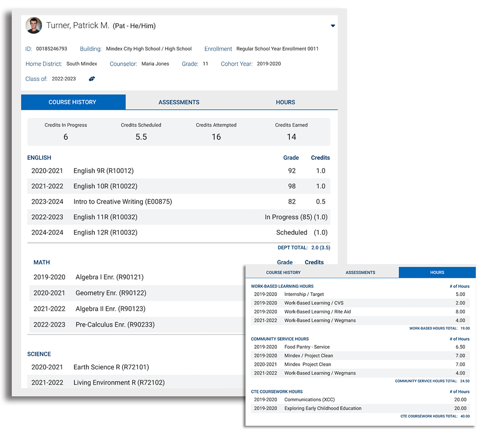 Screenshot of the SchoolTool CCCR student view page showing a summary of the student’s progress, including total hours completed, notes, assessments, and overall readiness information.