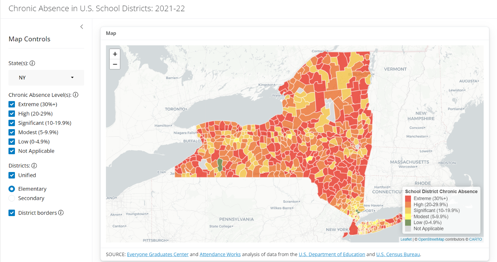 Map of New York State showing chronic absenteeism in school districts based on data from the 2021-22 school year. The map highlights areas with varying levels of absenteeism, illustrating a significant absenteeism challenge across the state as reported by the Everyone Graduates Center.