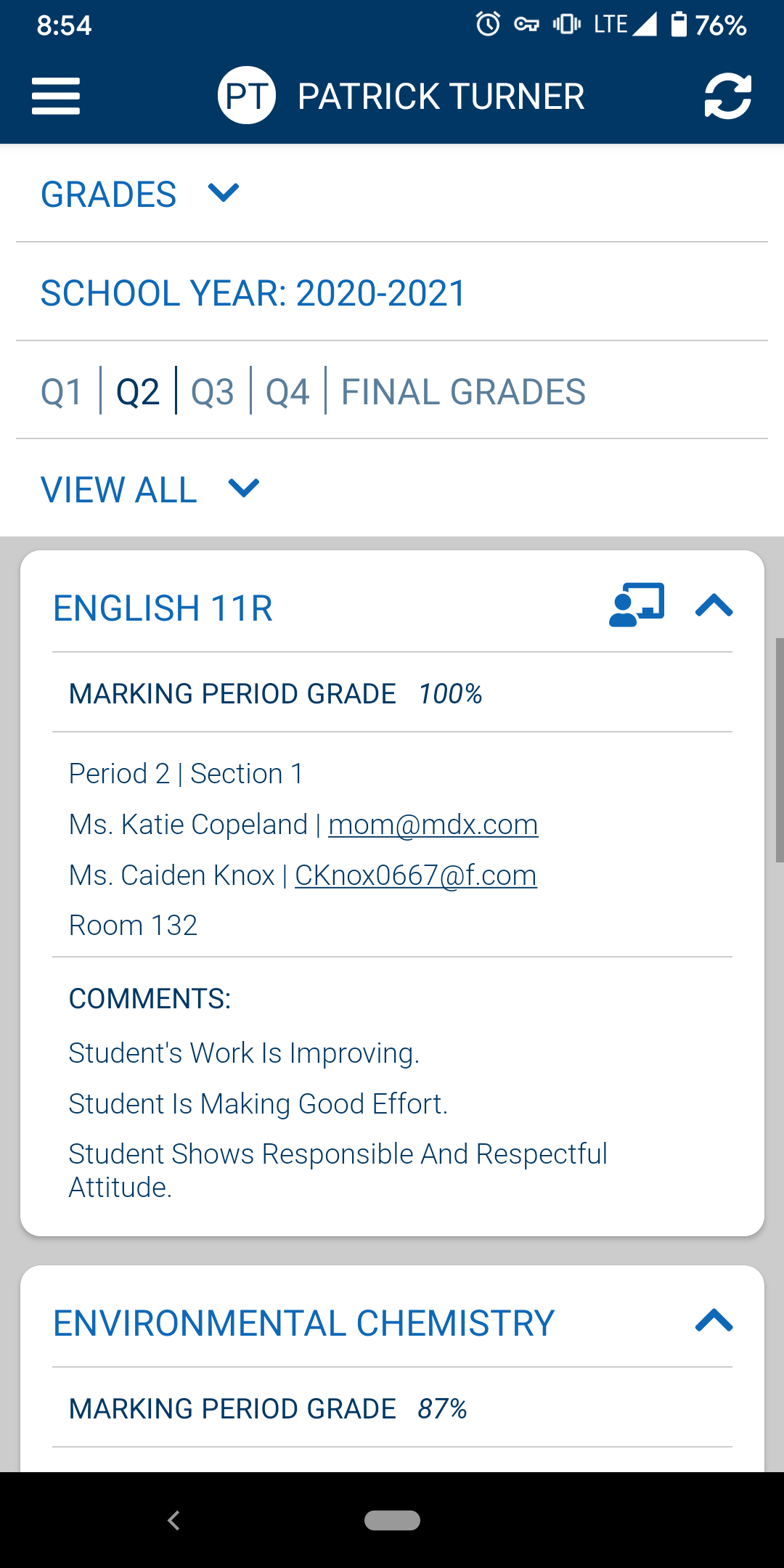 Grades Screen