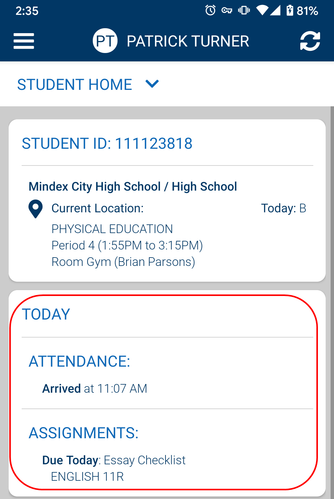 Student Home Today's Info